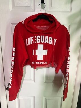 Lifeguard Cropped Hoodie with Cross - Red & White